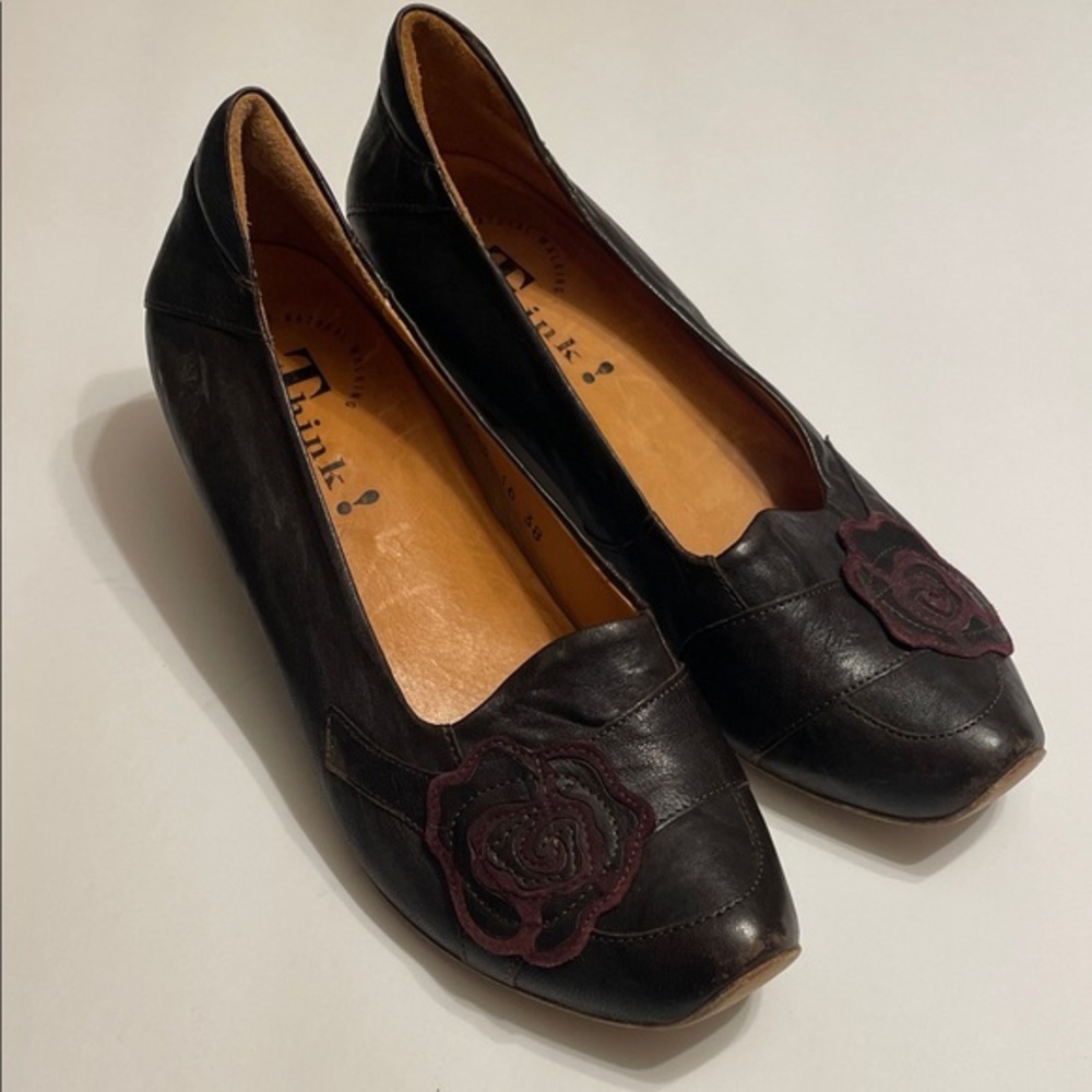 Think! Black Leather Heels with Burgundy Rose Detail